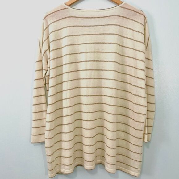 J. Jill Cream Gold Striped Soft Knit Wool Scoop Neck Oversized Sweater Medium - Picture 2 of 5